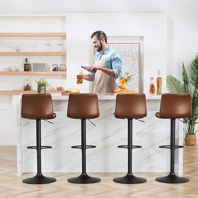HeuGah Swivel Bar Stools Set of 2, Adjustable Counter Height Barstools with Back, Brown Faux Leather Bar Chairs for Kitchen Island (Brown, Set of 2 (24'' to 32''))-DeskLoop Office