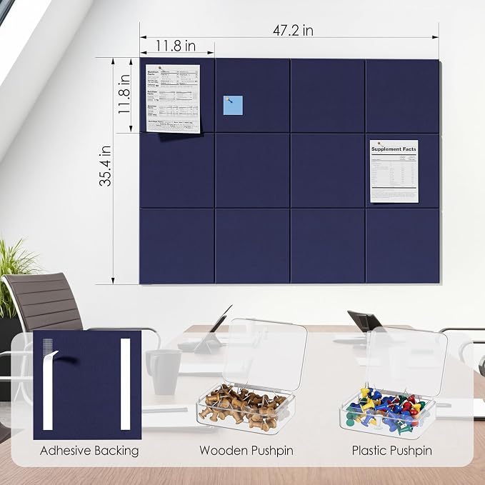MaxGear Felt Bulletin Board 48" x 36", Dark Blue Felt Wall Tiles Wall Decor | - Image 5