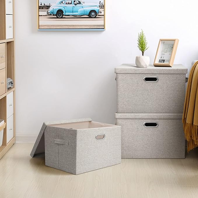 Large 17 36 Quart Collapsible Stackable Storage Bins with Lids, 1 Pack Beige Foldable Fabric Closet Storage Boxes with Lids, 4 Handles Toy Heavyduty Dark Gray Linen Storage Cube Box-DeskLoop Office
