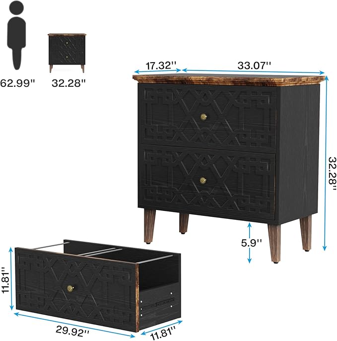 LITTLE TREE 2-Drawer File Cabinet, Lateral Filing Cabinet for A4/Letter/Legal Size, Office Storage Cabinet, Printer Stand with Storage Drawer for Home Office, Black-DeskLoop Office