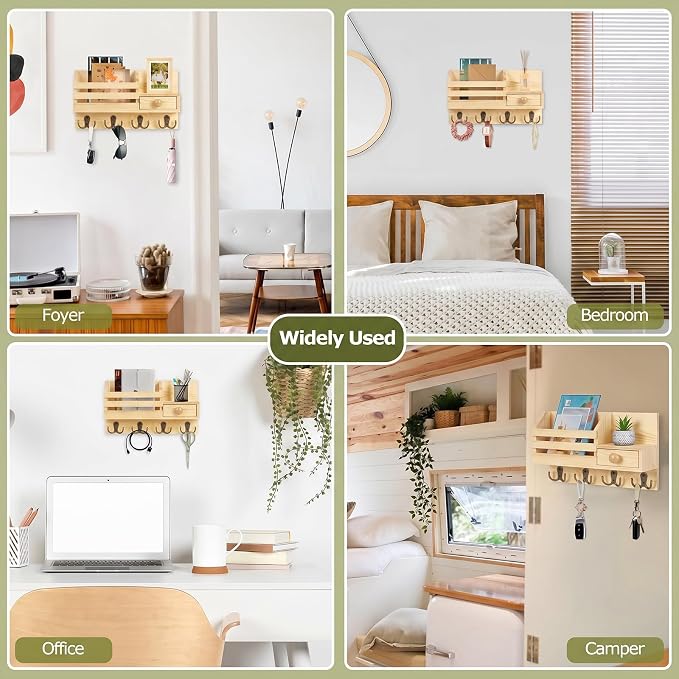 Key Holder Wall Mount, Wooden Adhesive Mail and Key Organizer - Image 6