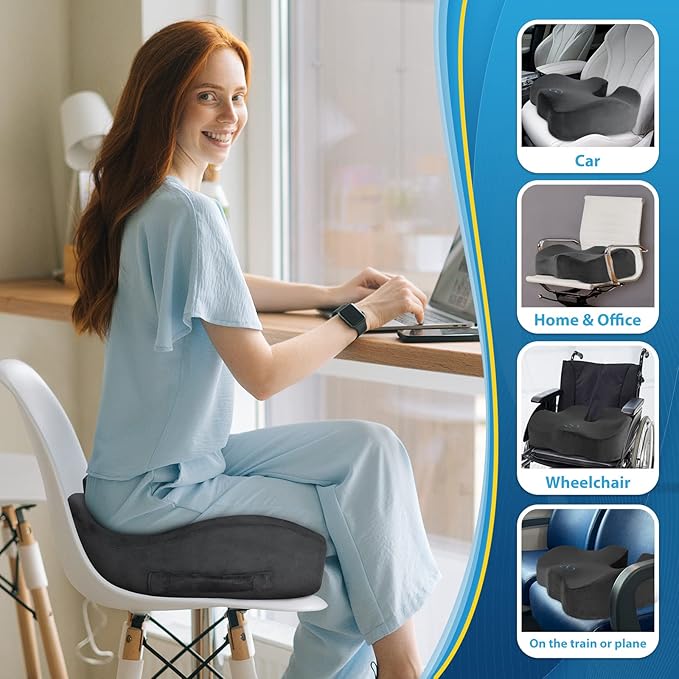 BlissTrends Seat Cushion,5.2in Thick Memory Foam Cushions for Office Chair, Car Seat, Airplane, Relieving Pressure Tailbone Sciatica Back Pain for Long Sitting Office Workers, Car Drivers Grey-DeskLoop Office