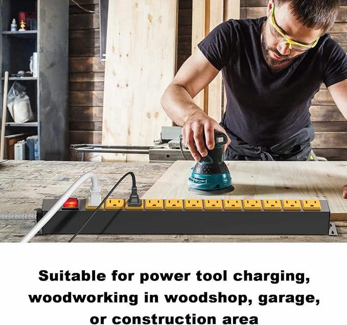 12 Outlet Heavy Duty Power Strip with 15A Circuit Breaker,Metal Wall Mount Power Strip for Garage Workshop Industrial 1200J 15A 125V 1875W 6ft Cord-DeskLoop Office