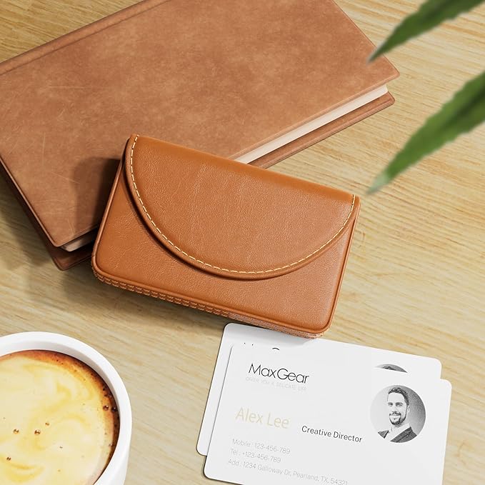 MaxGear Business Card Holder, PU Leather Business Card Case, Light Coffee | - Image 2