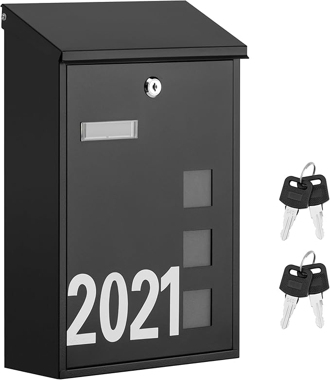 LAND·VOI Wall Mounted Mailbox with 4 Keys, Post Box for Wall and Fence, Viewing Windows, Nameplate, 3.94 x 9.8 x 15.6 Inches, Large Capacity, Includes Mailbox Numbers, Matt Black, AMB31B-DeskLoop Office