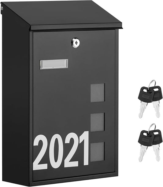 LAND·VOI Wall Mounted Mailbox with 4 Keys, Post Box for Wall and Fence, Viewing Windows, Nameplate, 3.94 x 9.8 x 15.6 Inches, Large Capacity, Includes Mailbox Numbers, Matt Black, AMB31B-DeskLoop Office