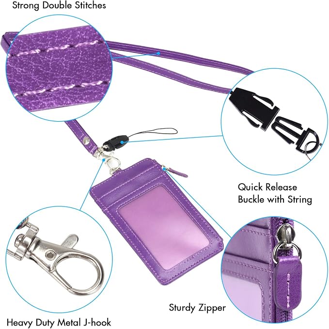 Badge Holder with Zip, Wisdompro School Supply 2-Sided Vertical PU Leather - Image 3