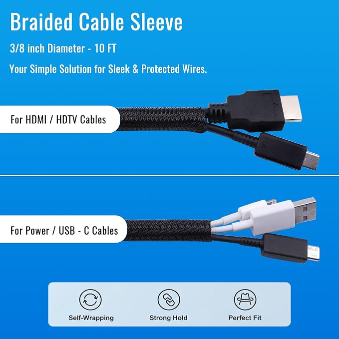 Flauzmann 3/8" Braided Cable Sleeve - 10Ft Cat Cord Protector Split Wire Loom - Image 3