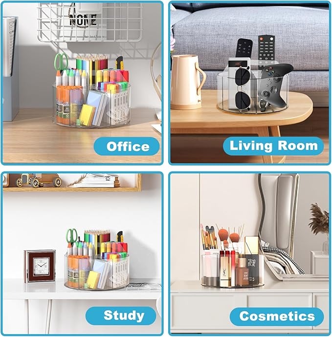 Acrylic Pen Holder for Desks, Acrylic Desk Organizer Clear, 360 Degree Pencil Holder for Desk Kids, Rotating Desk Organizer Rotating Pen Holder for Desk, Art Supply Storage Organizer 6 Compartments-DeskLoop Office