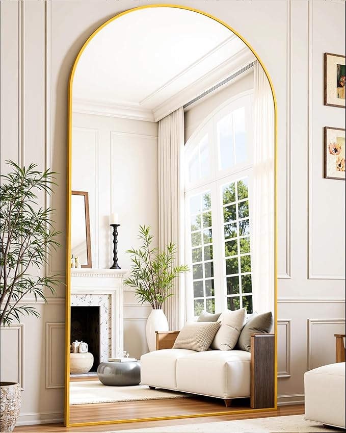 Full-Length Floor Mirror with Stand, 78"x38" Arched Style Full Body Standing Mirror for Bedroom, Living Room, Gym, Dorm - Shatter-Resistant & Easy Assembly, Gold-DeskLoop Office