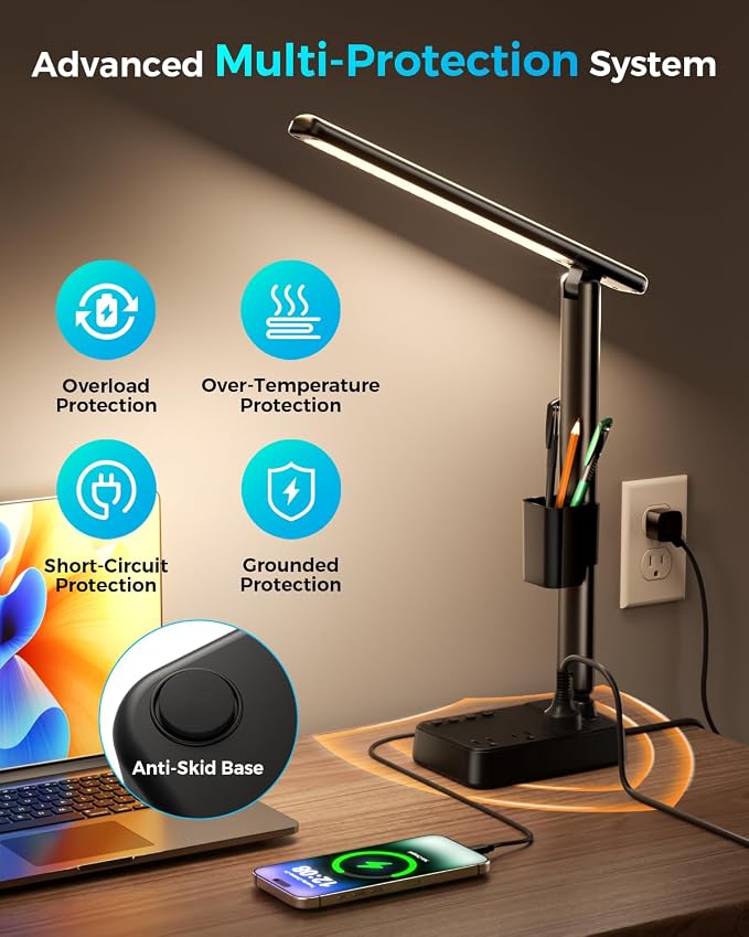 LED Desk Lamp with Power Strip, 3 AC Outlets & 4 USB Ports, Stepless Dimming & - Image 5