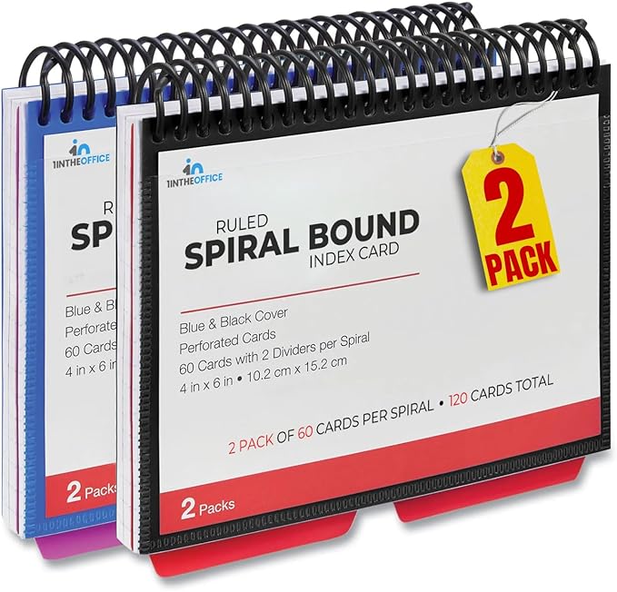 1InTheOffice Index Cards 4 x 6 Ruled, Spiral Bound, 120 White Cards/Spiral by 1InTheOffice