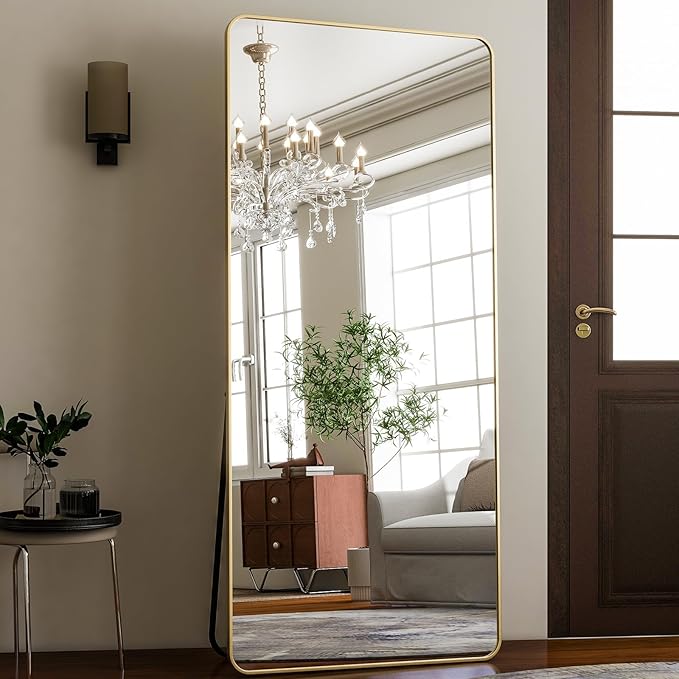 HARRITPURE 71x32 inch Rounded Full Length Mirror Aluminum Frame Gold Mirror Full Length Floor Mirror with Stand for Living Room Bedroom Cloakroom-DeskLoop Office