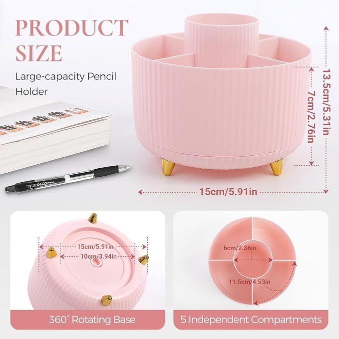 KONVINIT Pencil Pen Holder for Desk, 5 Slots 360 - Image 3