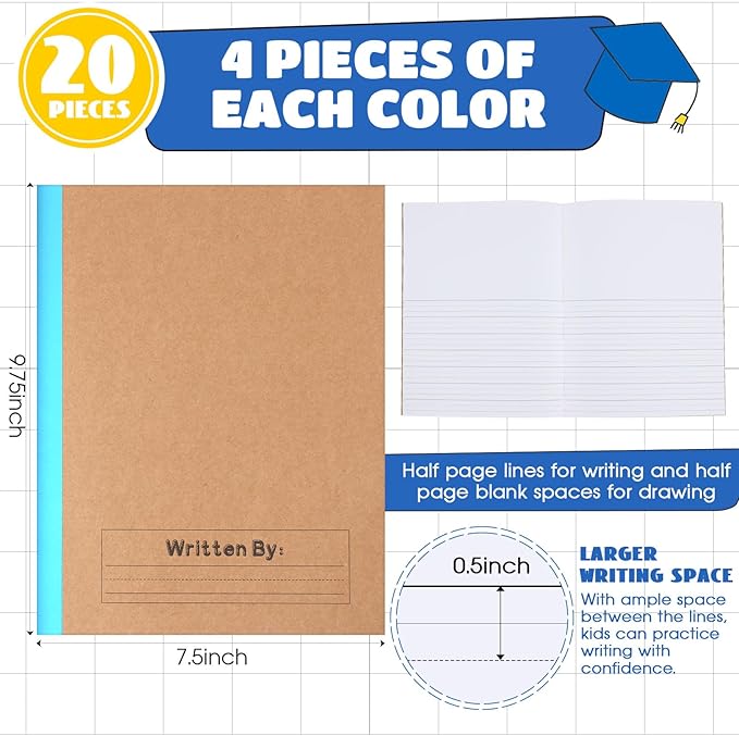 Henoyso 20 Pcs Primary Composition Notebook 9 3/4 x 7 1/2 Inch Kids Journal, Back to School Supplies, K-2 Primary Writing Notebook for Kids Student Draw and Write Story Journal (Blue)-DeskLoop Office