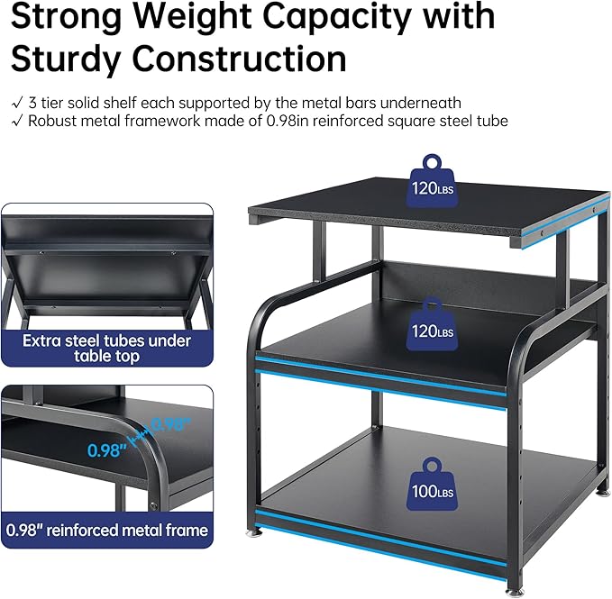25.6" x 23.6" Extra Large Printer Stand Table with Adjustable Storage Shelf, 3 Tier Rolling Printer Cart with Industrial Wheels for Home Office, Black-DeskLoop Office