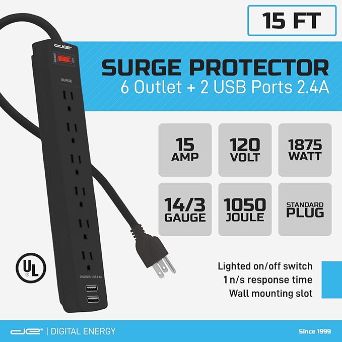 Digital Energy 6-Outlet + 2 USB 1050 Joule Surge Protector Power Strip with 15-Ft Long Extension Cord, Black, UL Listed-DeskLoop Office
