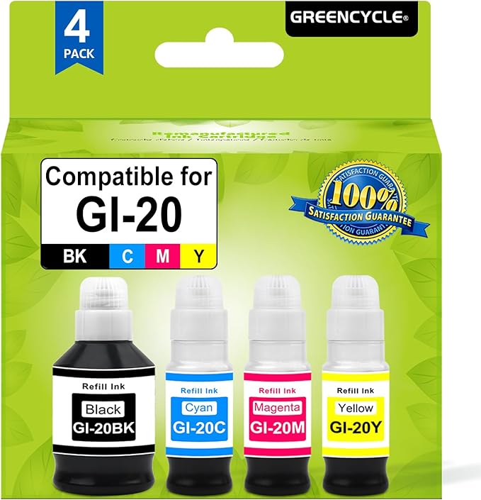 greencycle GI-20 GI20 Refill Ink Bottle Kit 4 Pack, Compatible for Canon PIXMA G6020 G7020 G5020 MegaTank Printer, 170mL Black Ink, 70mL Cyan Magenta Yellow Ink-DeskLoop Office