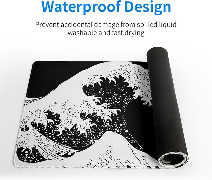Japanese Sea Wave Large Mouse Pad, Abstract Black Gaming Mousepad, Extended - Image 4