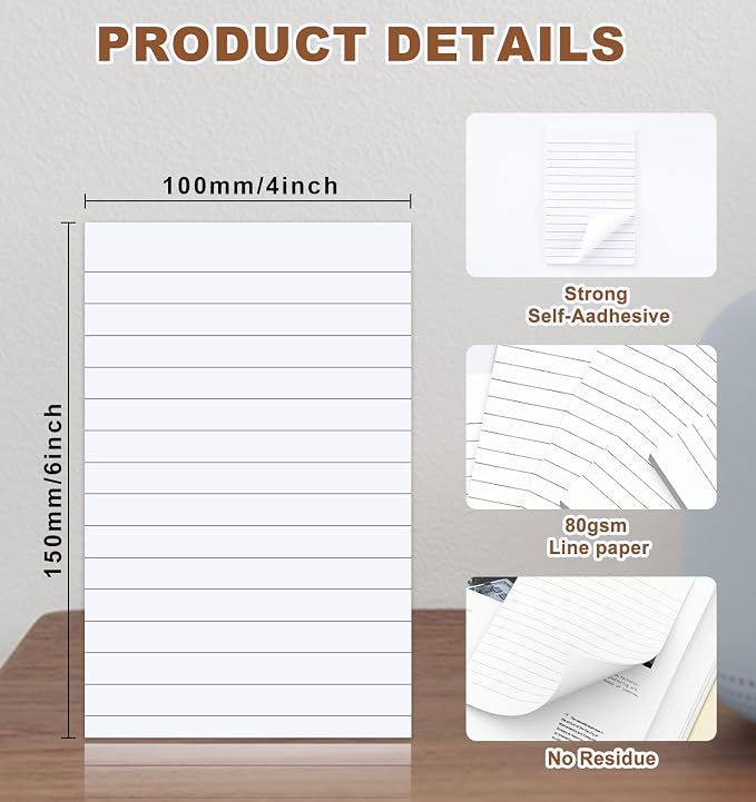 Agoer Pack of 400 Sticky Notes White, Lined Self-Adhesive Notes 100 x 150 mm - Image 2