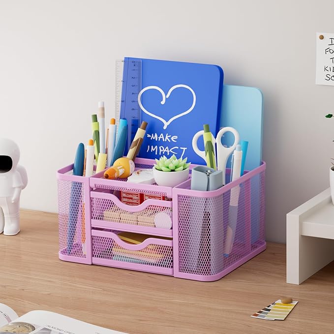 Marbrasse Mesh Desk Organizer, Pen Holder with 2 Drawer, Multi-Functional Pencil Holder, Desk Organizers and Accessories with 5 Compartments + Drawer for Office Art Supplies (Purple)-DeskLoop Office