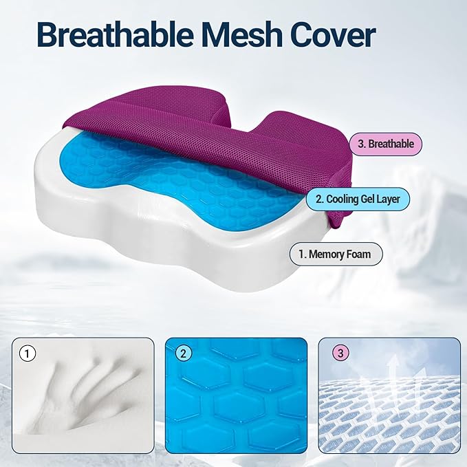 Gel Seat Cushion for Car Office - Memory Foam Pain Relief Chair Pillow Cushions - Tailbone Sciatica Coccyx Butt Lumbar Support Pad for Sitting Driving Traveling, Mesh, Purple-DeskLoop Office