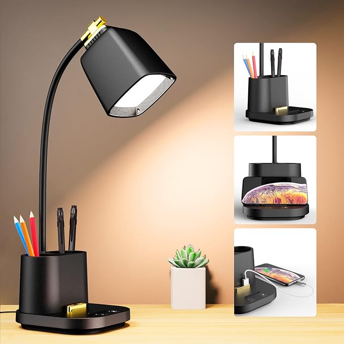 LED Desk Lamp with USB Charging Port Touch Control 3 Color Modes, Stepless by GONDSILY