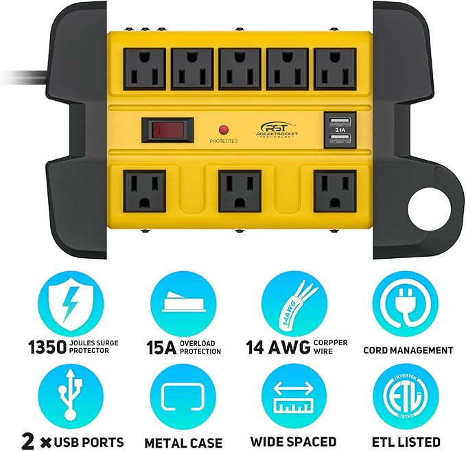 Heavy Duty Surge Protector Power Strip with 2 USB Ports, CRST 8-Outlet Metal Industrial Power Block with 15A Circuit Breaker, 6ft Extension Cord, 1350 Joules for Workshop, Garage, Office, Shop…-DeskLoop Office