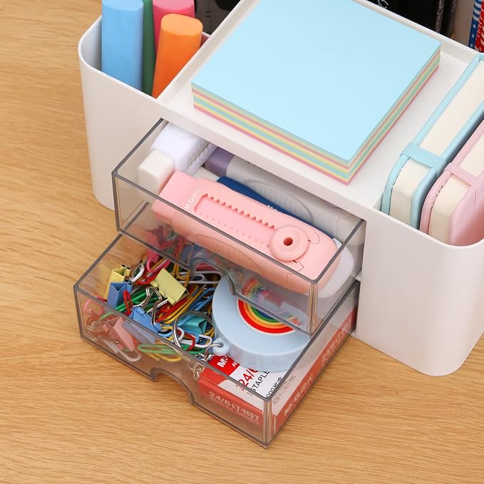 Desk Organizer with 2 Drawer, Plastic Desktop Pen Pencil Card Holder Storage Box - Image 7