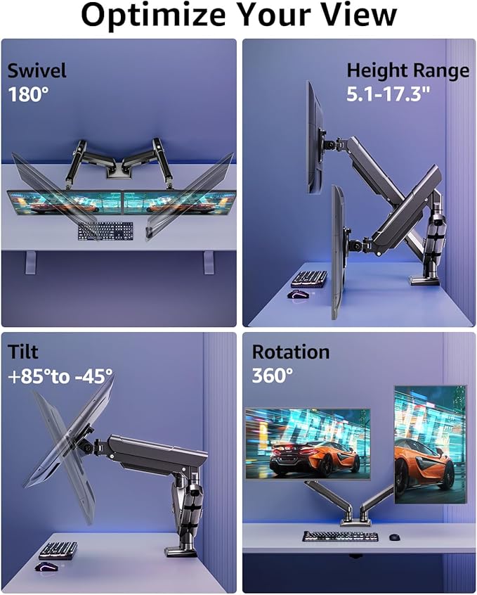 Dual Monitor Mount for 32 27 24 22inch Screens, Gas Spring Monitor Stand for 2 Monitor, Full Adjustable Monitors Desk Mount with C-Clamp＆Grommet Base, Each Arm Holds 4.4-22 lbs, Freelift Pro Black-DeskLoop Office