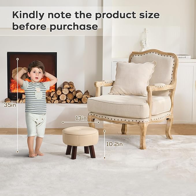 13in Small Foot Stool Ottoman, Round Faux Leather Foot Rest for Couch, Under Desk Pouf Footstool Footrest with Non-Skid Rubber Legs for Ling Room, Bedroom, 13''L x 13''W x 10.2''H, Beige-DeskLoop Office