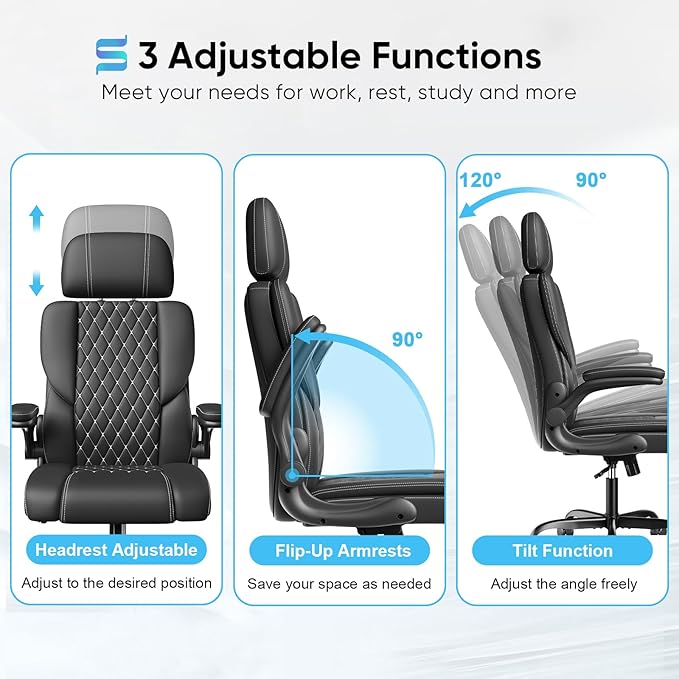 Sytas Executive Leather Office Chair, Comfy Desk Chair with Adjustable Headrest & Flip-up Padded Arms & Lumbar Support, Adjustable Hight and Tilt, Rolling Swivel Chair, Black-DeskLoop Office