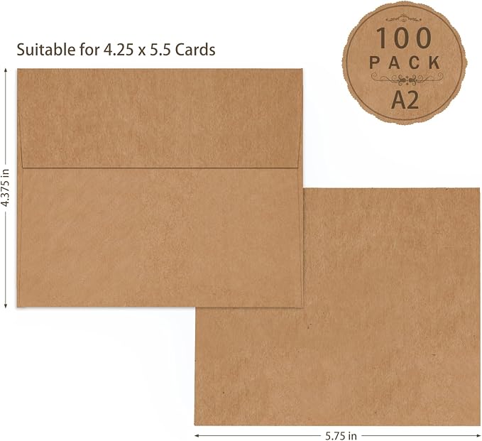 A2 Brown Kraft Envelopes 100 Pack, Goefun 4.375 x 5.75 Printable Greeting Card - Image 2