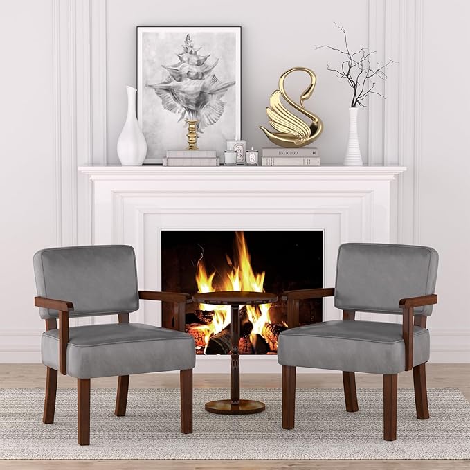 Accent Chair, PU Leather Oversized Living Room Chairs with Soft Seat and Armrests, Armchair for Bedroom, Dinning, Reading and Waiting Rooms (Leather Gray)-DeskLoop Office