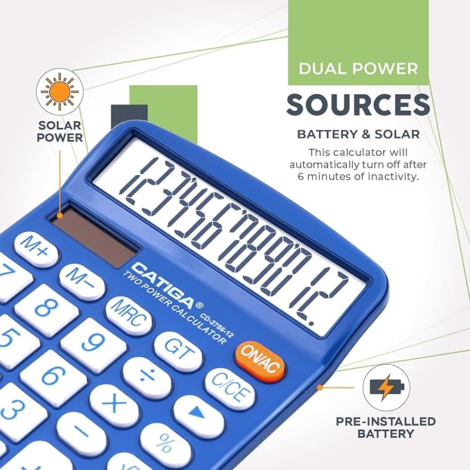 CATIGA Desktop Calculator (2 Pack) 12 Digit with Large LCD Display and Sensitive Button, Solar and Battery Dual Power, Standard Function for Office, Home, School, CD-2786 (Blue/Pink)-DeskLoop Office