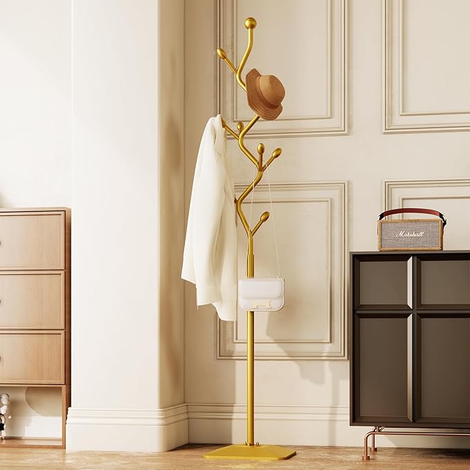 Tree-shaped coat rack stand,Metal coat tree with 8 Hooks and sturdy cast iron base,Heavy Duty coat rack freestanding coat hanger stand for Clothes Hats Scarfs Purses (gold)-DeskLoop Office