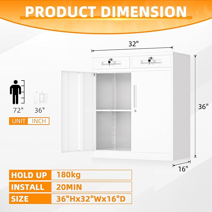 INTERGREAT Metal Cabinet with Drawers, Lockable Metal Storage Cabinets with Doors and Shelves for Garage, White Locking Garage Storage Cabinets 36"×32"×16"-DeskLoop Office