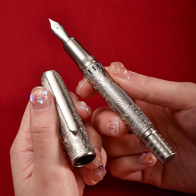 Hongdian 100 Piston Fountain Pen Silver Steel, Iridium Medium Nib Calligraphy Pen, Smooth Writing Pen with Pen Case Set