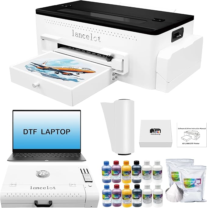 Lancelot A3 L1800 DTF Printer Bundle DTF Printing Machine with Roll Feeder, White Ink Circulation,t Shirt Printers with Film Cutter for DIY T Shirt Business (Printer+Software+Laptop+Consumables)-DeskLoop Office