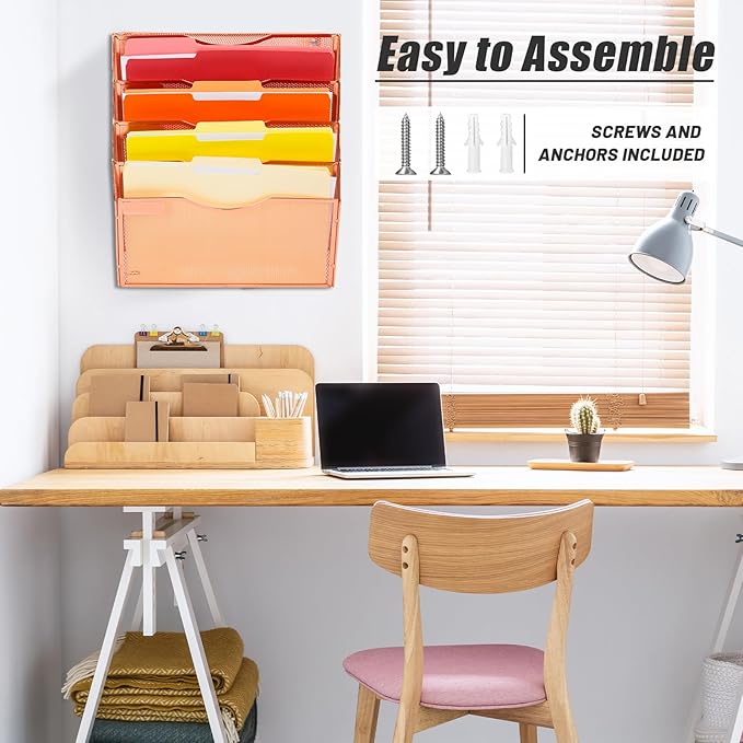 EASEPRES 5 Pocket Mesh Hanging Wall File Organizer, Wall Mounted Mail Paper Document Folder Holder, Clipboard Storage Organization Magazine Rack with Nametag Label for Office Home School, Rose Gold-DeskLoop Office