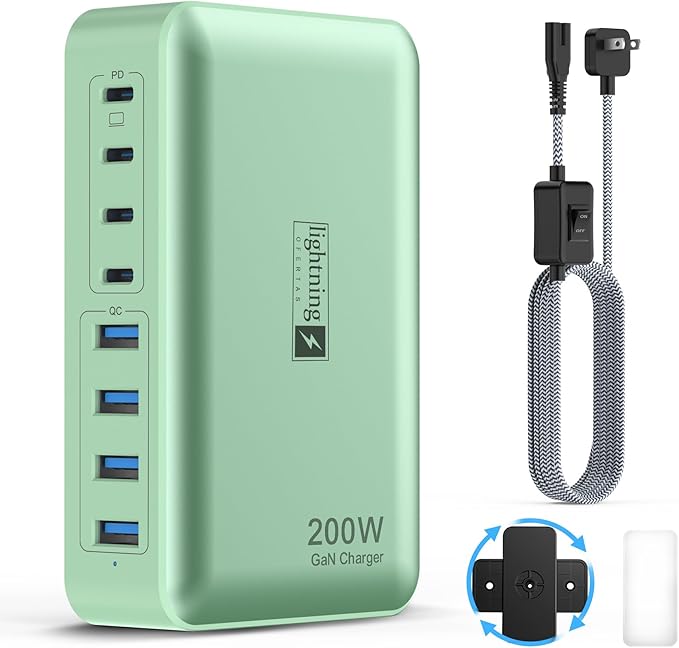 8-Port Multiple Charger Station 200W with Flat Plug, Braided Power Cord, and On/Off Switch- USB Charging Hub for iPhone, iPad, MacBook and More- 65W C Port Power Adapter for Laptops-DeskLoop Office