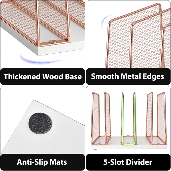 LEKETREE Rose Gold Desk File Organizer, 5-Section Upright File Sorter, Vertical - Image 5