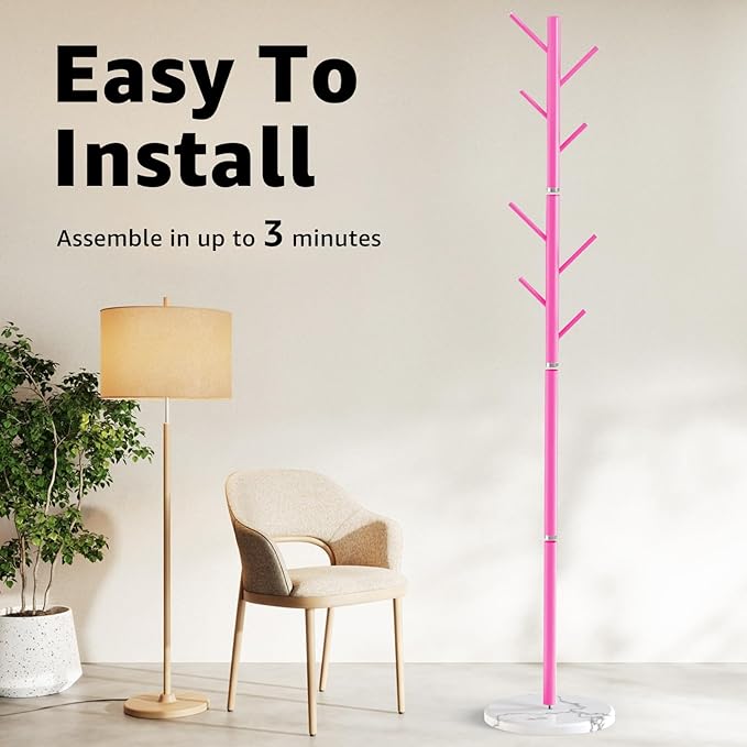 Coat Rack with Natural Marble Base, Metal Freestanding Coat Rack with 8 Hooks, 3 Adjustable Size Sturdy Coat Tree for Bags, Coats, and Hats for Entryway, Hallway, Bedroom, Office, Pink-DeskLoop Office