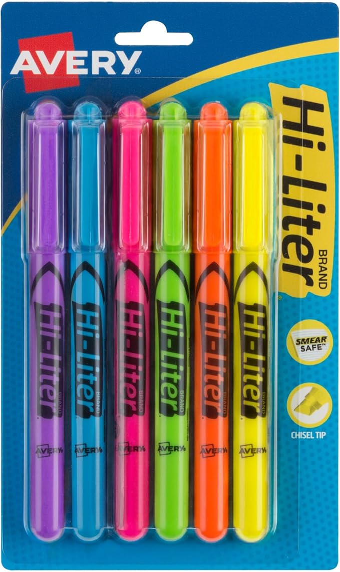 Avery Hi-Liter Pen-Style Highlighters, Smear Safe Ink, Chisel Tip, 6 Assorted by Avery