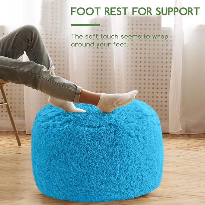 HIGOGOGO Round Stuffed Pouf Ottoman, Long Faux Fur Poufs with Foam Chunk Filling, Fluffy and Furry Pouf Foot Stool Storage Ottoman, 26 X 18 Floor Poufs Foot Rest for Living Room, Blue-DeskLoop Office