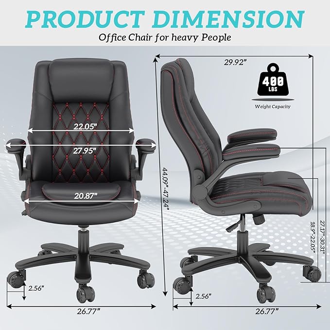 GYI High Back Executive Office Chair, Big and Tall Office Desk Chair 400LBS with Lumbar Support, Flip-up Armrests, Rubber Wheels, Black-DeskLoop Office