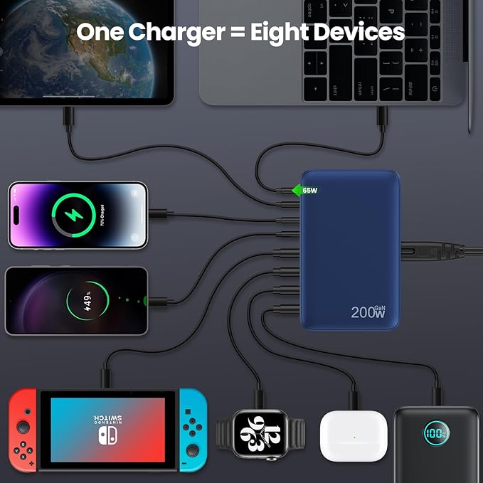 USB C Charger 200W USB C Charger Block,Upgraded GaN III 8-Port Fast Charging Station Hub,PD 65W Laptop Charging Adapter Compatible with MacBook Pro/Air,DELL,Steam Deck,iPhone 16/15/14,Galaxy S23/22-DeskLoop Office