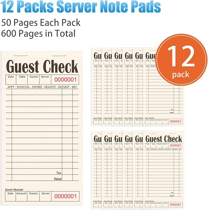 Guest Checks Books for Servers, Server Note Pads, 12 Pack, Natural Color Paper - Image 2