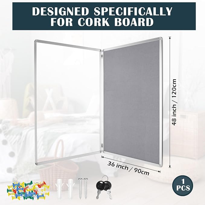 Suzile 1 Pcs Gray Enclosed Bulletin Board Lockable Cork Case Notice Board Aluminum Framed Waterproof Locking Cabinet with Mounting Screws for School Class Office Wall Display Pictures 48x36 Inch-DeskLoop Office