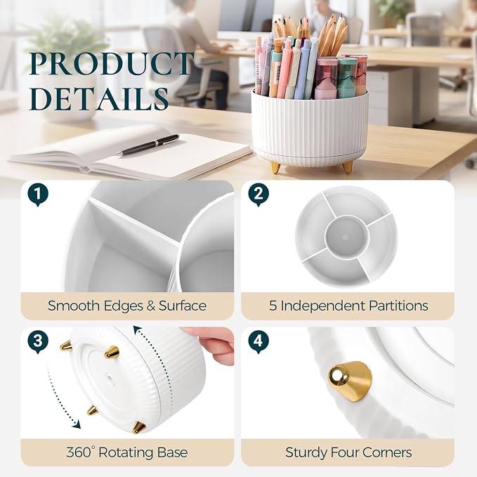 KONVINIT Pencil Pen Holder for Desk, 5 Slots 360-Degree Rotating Desktop - Image 4